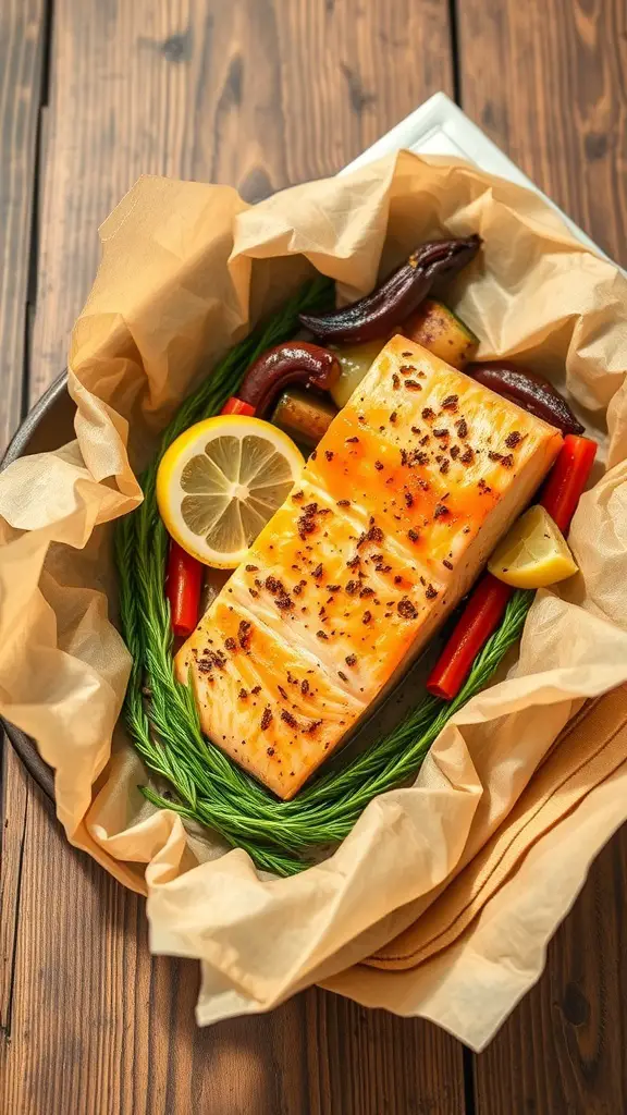 A beautifully cooked salmon fillet with vegetables and lemon slices in parchment paper.