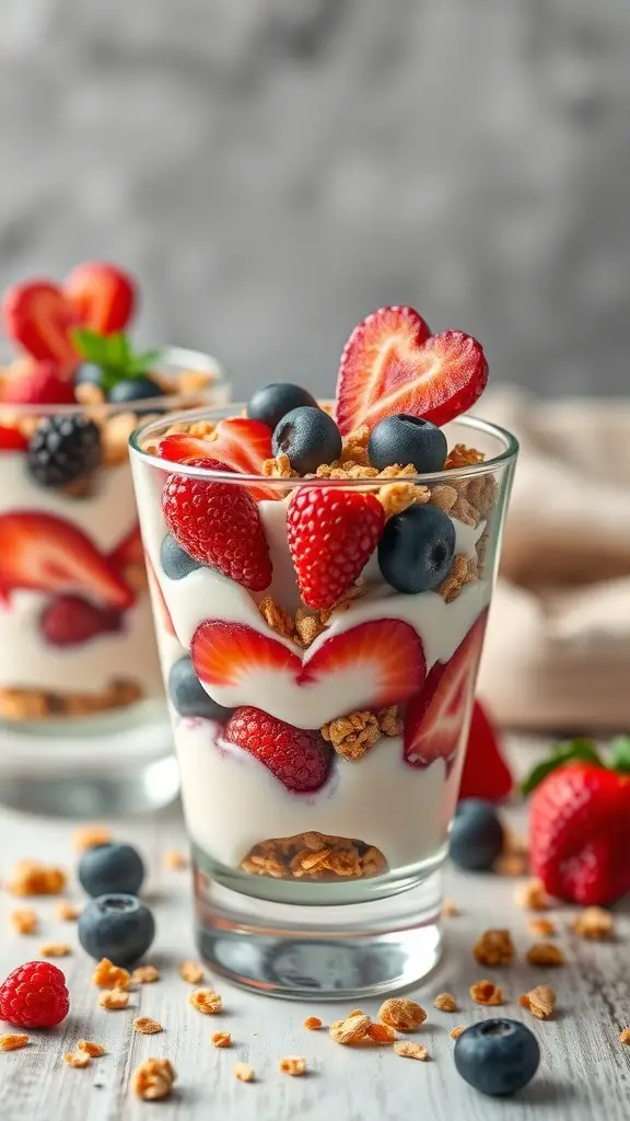 Berry Heart Yogurt Parfaits with layers of yogurt, granola, and fresh berries
