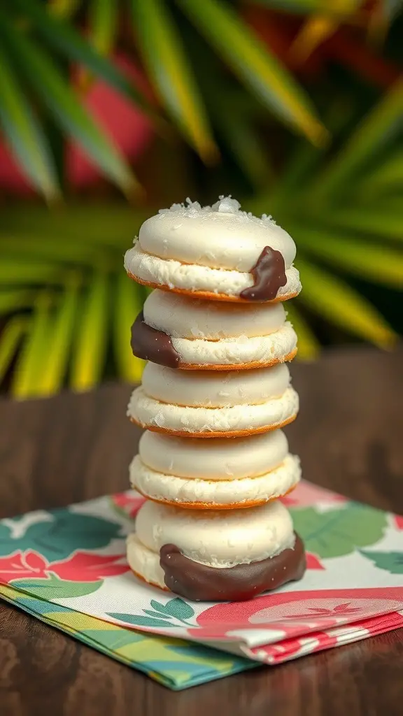 A stack of coconut macaroons dipped in dark chocolate on a floral napkin.
