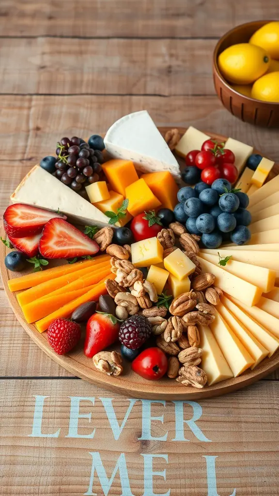 A beautifully arranged fruit and cheese board featuring various cheeses, fresh fruits, and nuts.