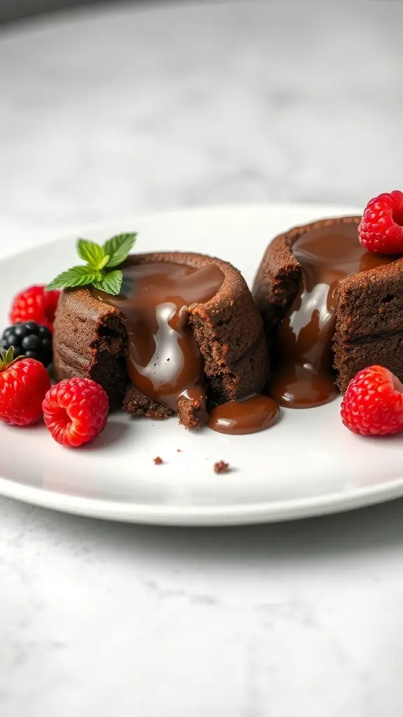 Two chocolate lava cakes with molten chocolate filling, garnished with fresh raspberries and mint leaves.