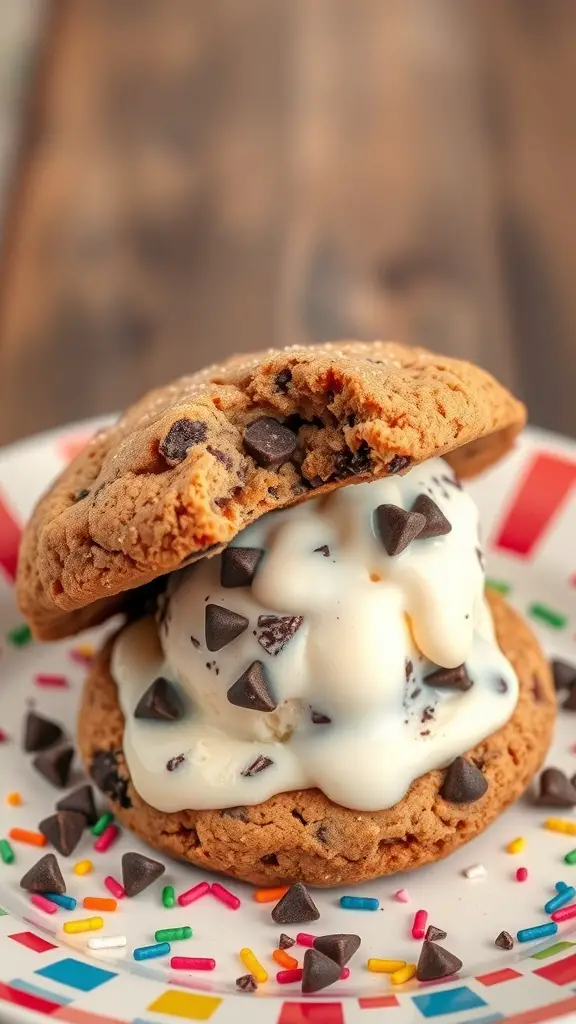 Chocolate chip cookie sandwich with ice cream and sprinkles