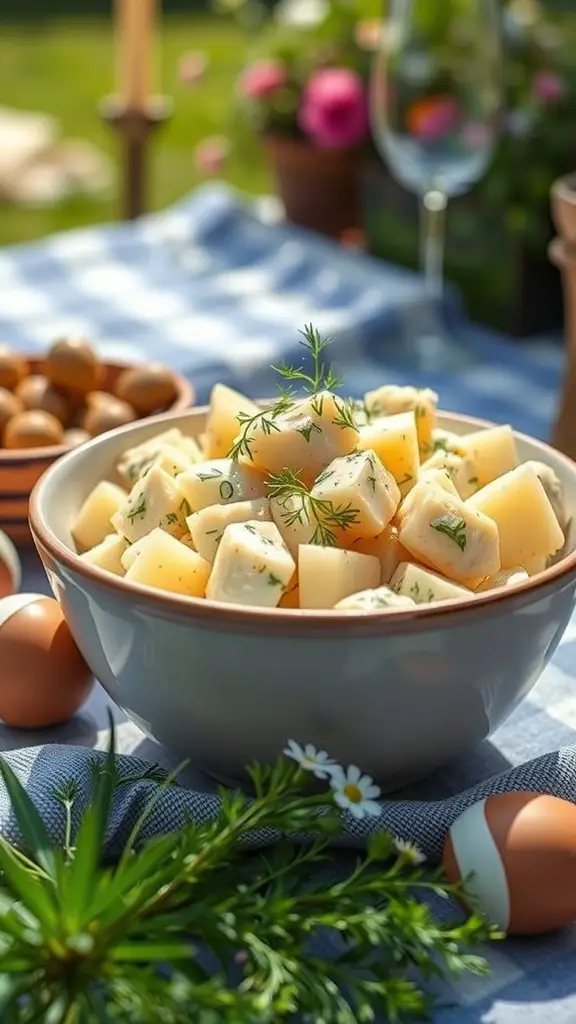 A bowl of classic potato salad with dill, surrounded by Easter decorations and eggs.