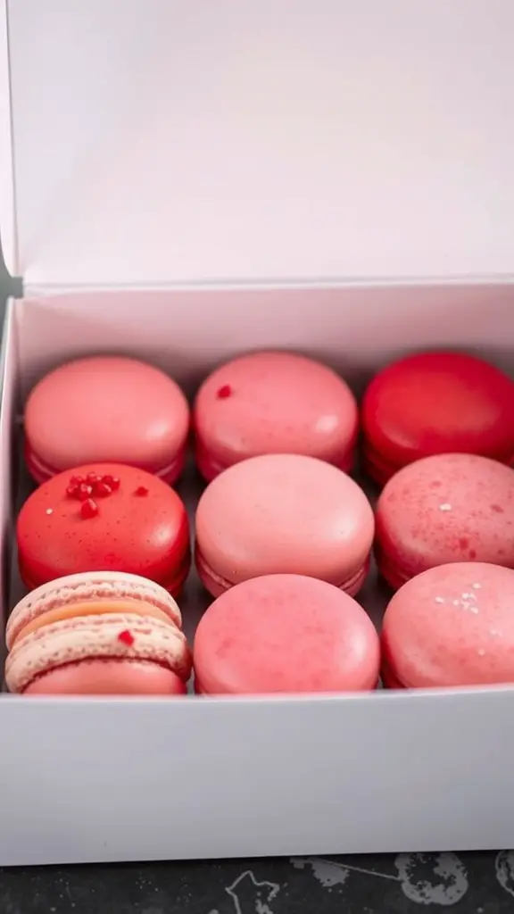 A box of assorted macarons in romantic colors, including pink and red.