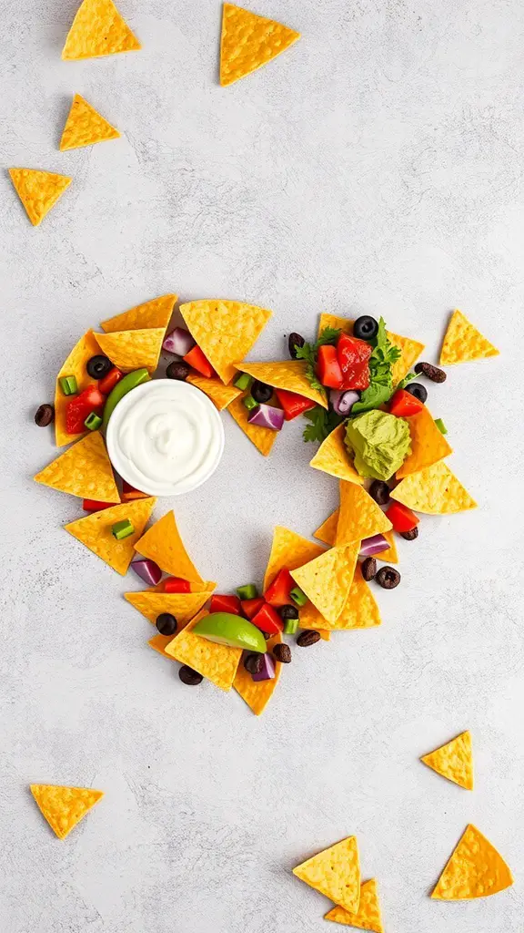 Heart-shaped nachos with toppings like vegetables and dips