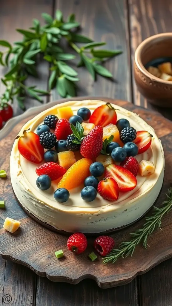 A beautifully decorated cheesecake topped with fresh fruits and herbs.