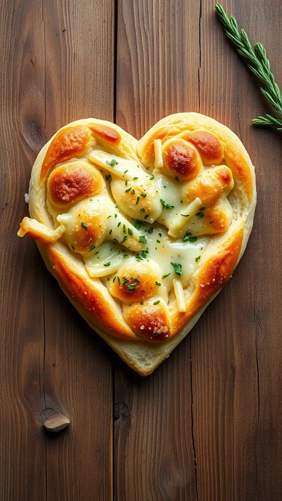 Heart-shaped cheesy garlic bread on a wooden table