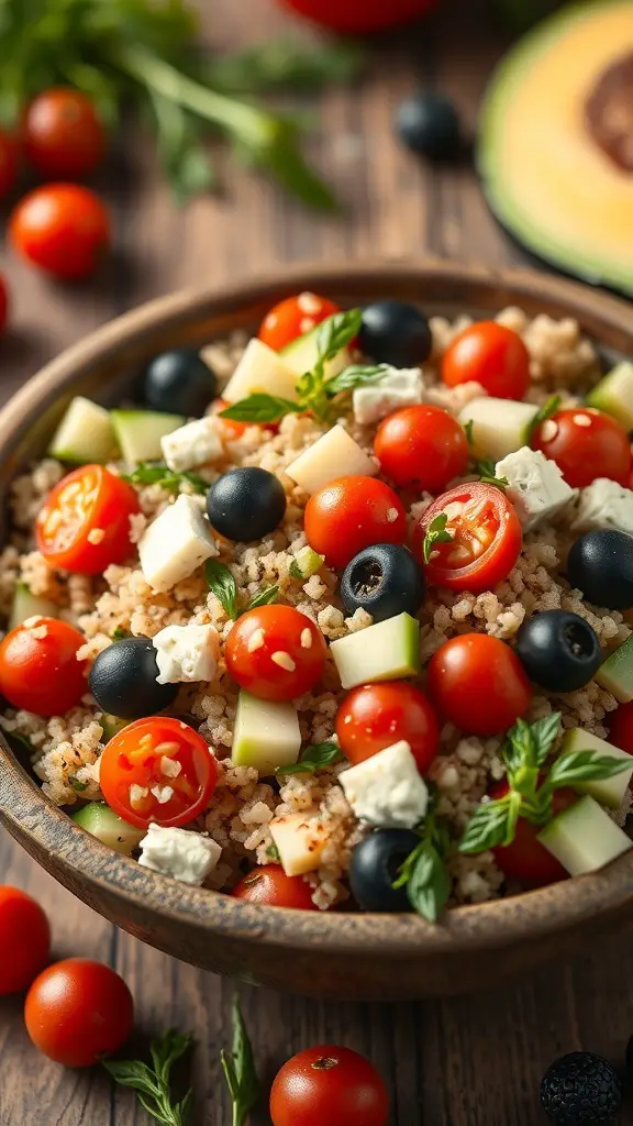 A bowl of Mediterranean Quinoa Salad with cherry tomatoes, black olives, green apples, and feta cheese.