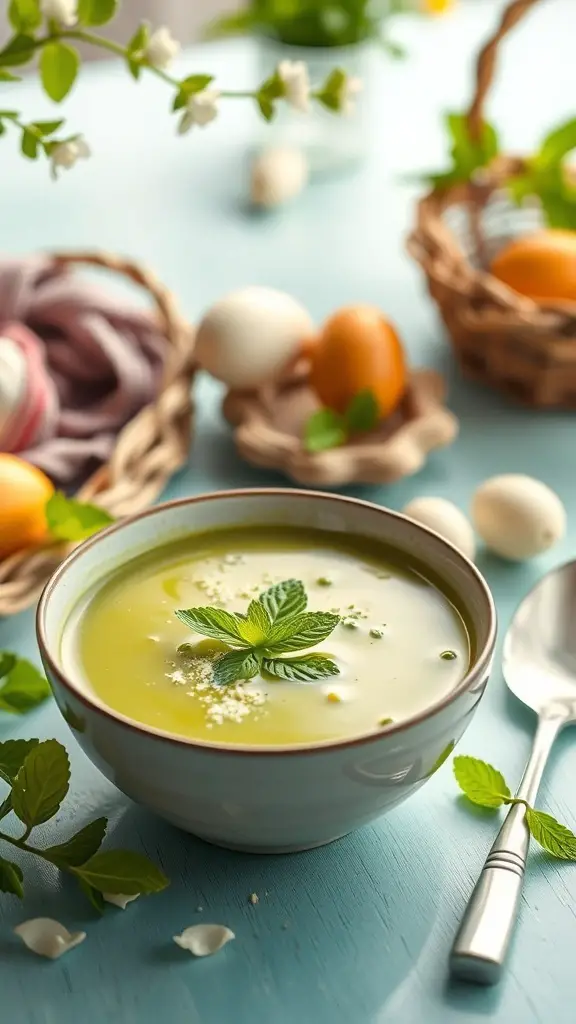 A bowl of spring pea and mint soup garnished with mint leaves, surrounded by eggs and decorative baskets.
