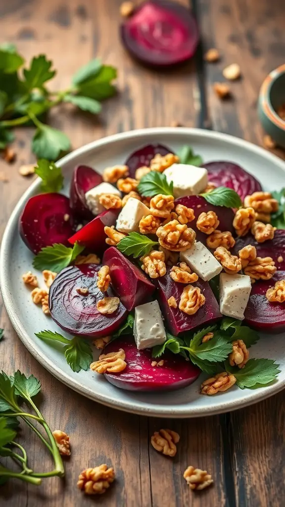 A colorful roasted beet salad topped with goat cheese and walnuts on a wooden table.