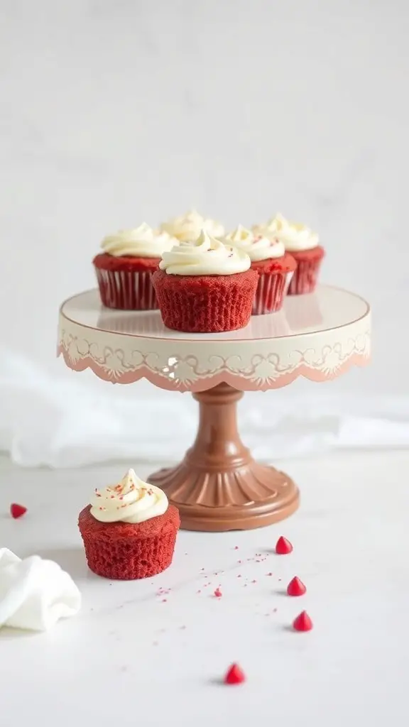 A display of red velvet cake bites on a decorative cake stand, with some scattered red chocolate chips around.