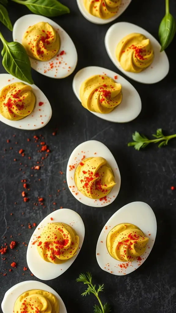 A plate of deviled eggs with avocado filling, topped with paprika and garnished with herbs.