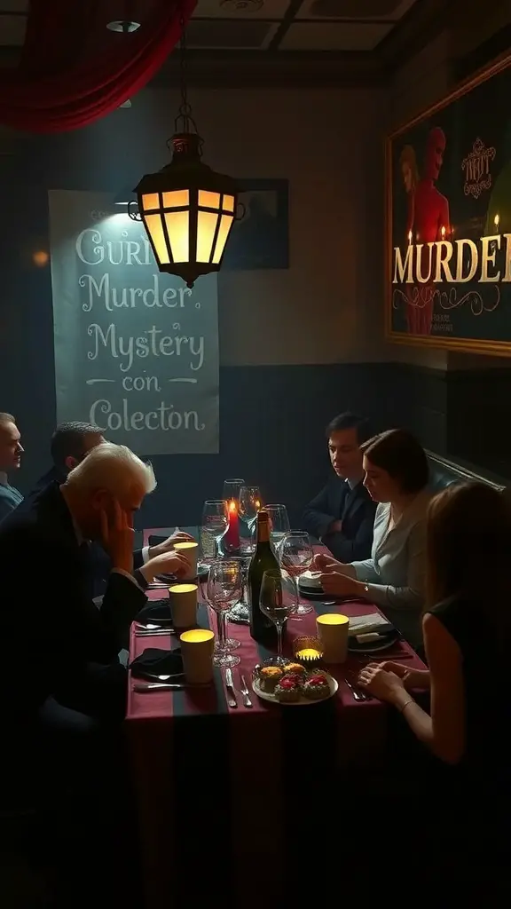 A group of people participating in a murder mystery dinner, with a table set for dining and a mysterious atmosphere.