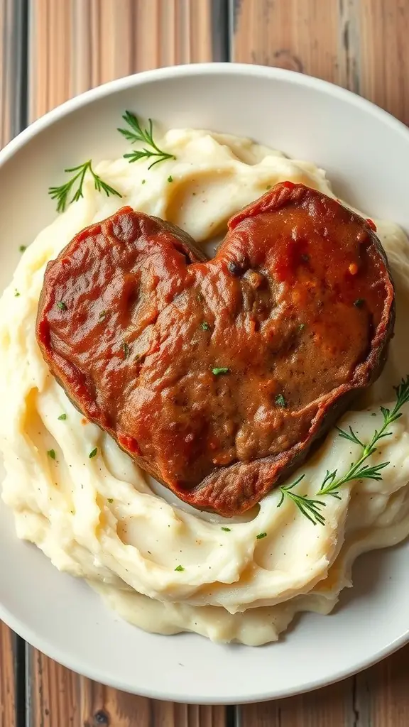 Heart-shaped meatloaf on a plate with mashed potatoes