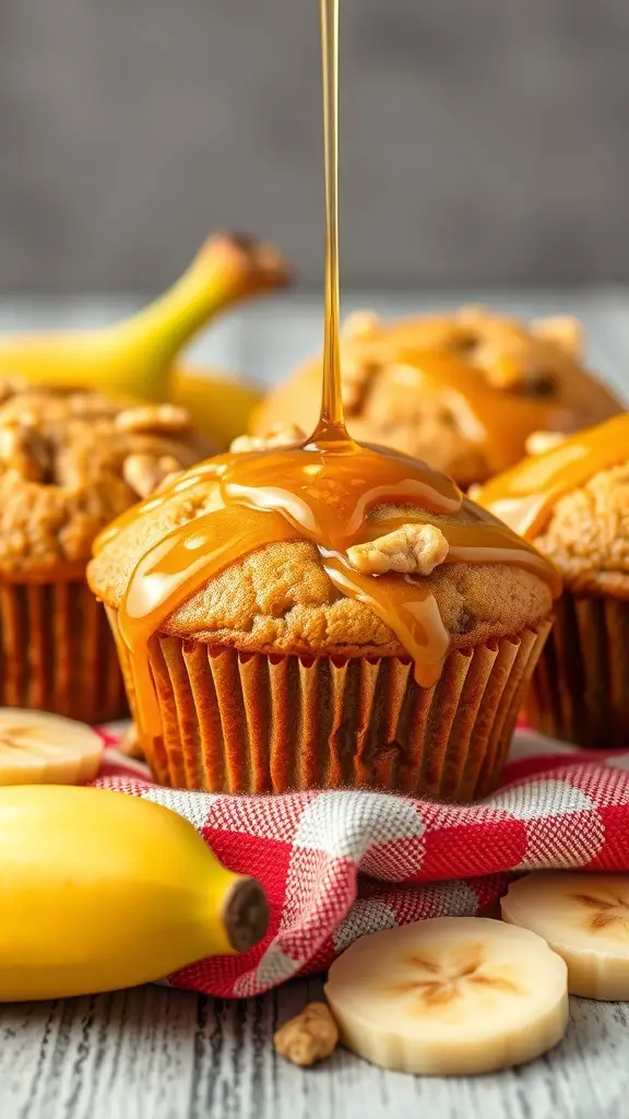 Banana nut muffins with honey drizzle on top, surrounded by fresh bananas and sliced bananas.