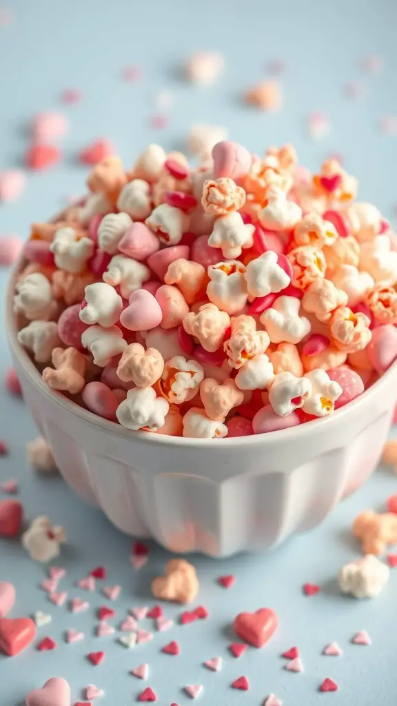 A bowl of colorful Cupid's Popcorn Mix with heart-shaped candies