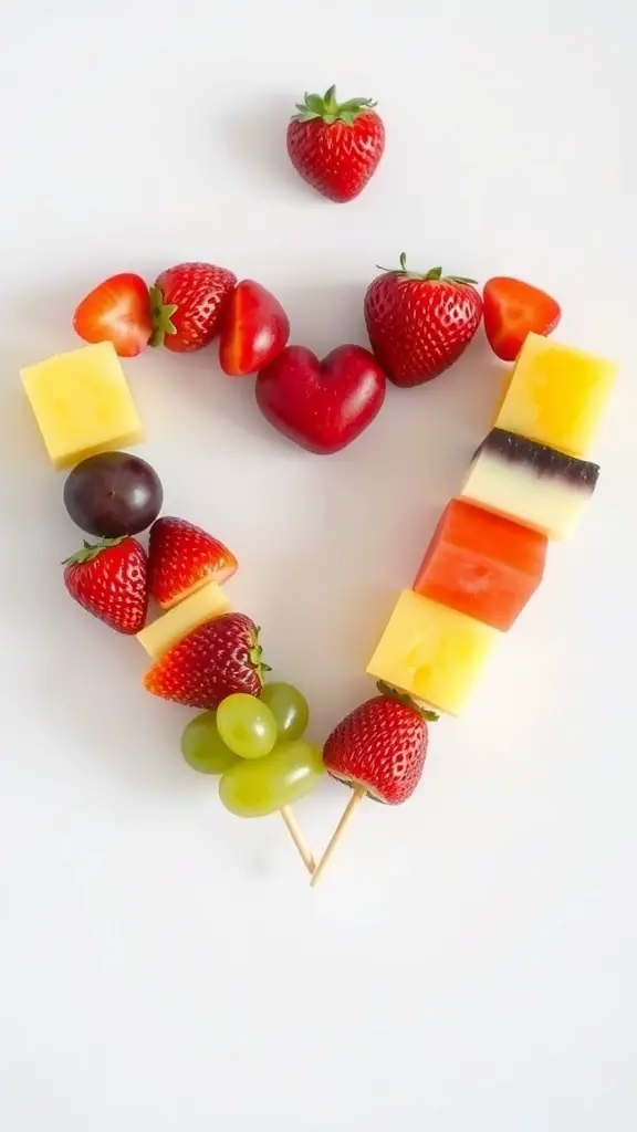 Colorful fruit kabobs arranged in a heart shape for Valentine's Day
