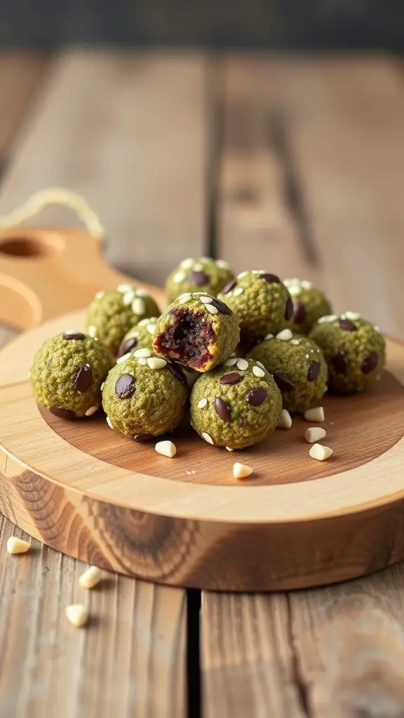 A wooden platter with matcha energy bites topped with chocolate chips and scattered white chocolate pieces.