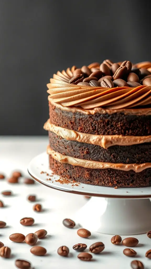 A beautifully layered Coffee Mocha Cake topped with coffee beans and mocha frosting.