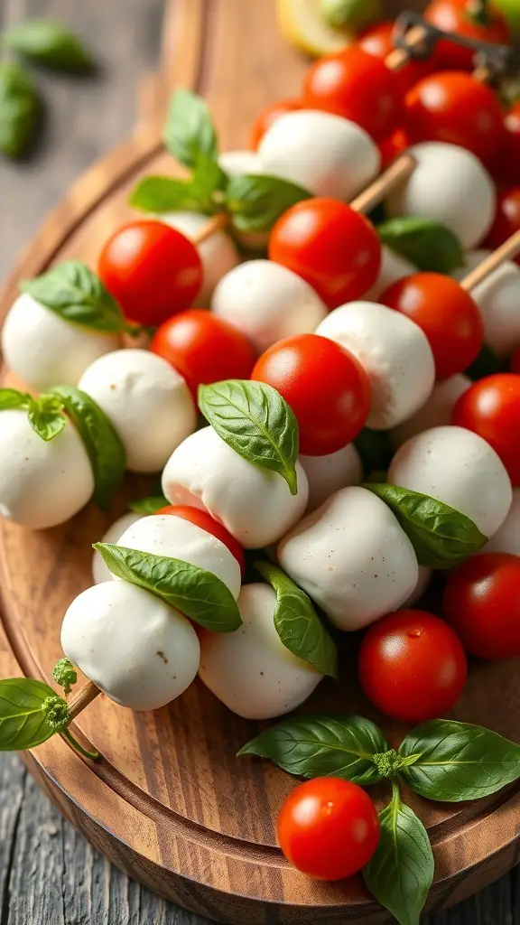 Caprese salad skewers with cherry tomatoes, mozzarella balls, and basil on a wooden platter