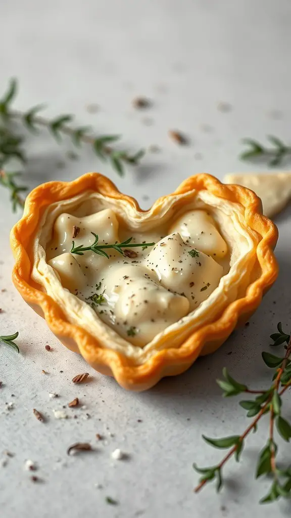 Heart-shaped puff pastry filled with creamy sauce and garnished with herbs
