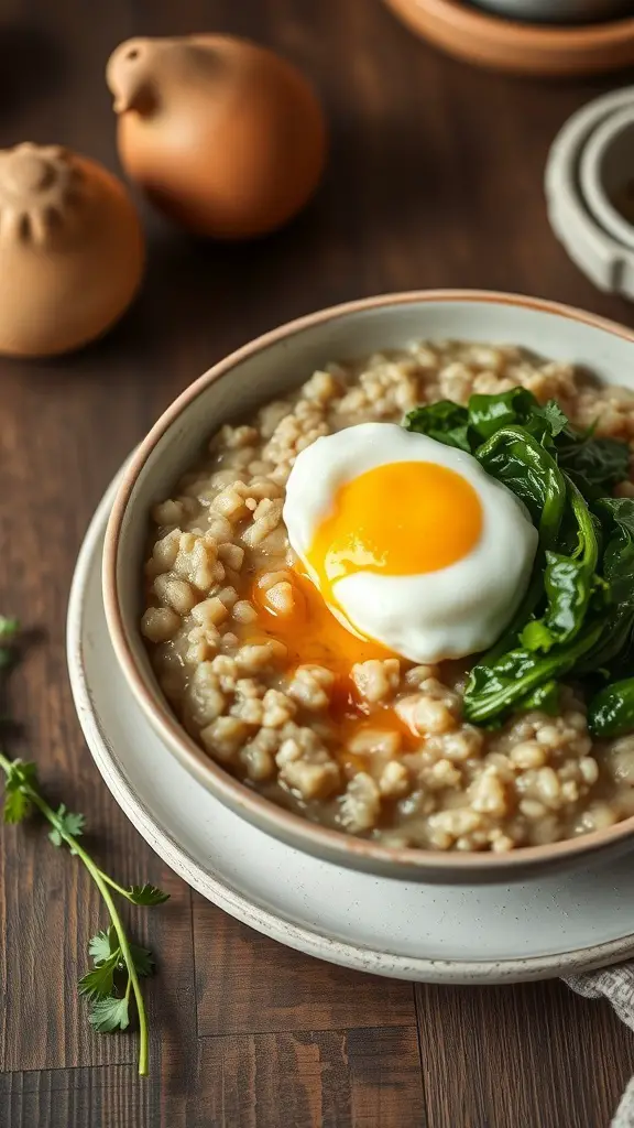 A bowl of savory buckwheat porridge topped with a poached egg and greens, with eggs in the background.