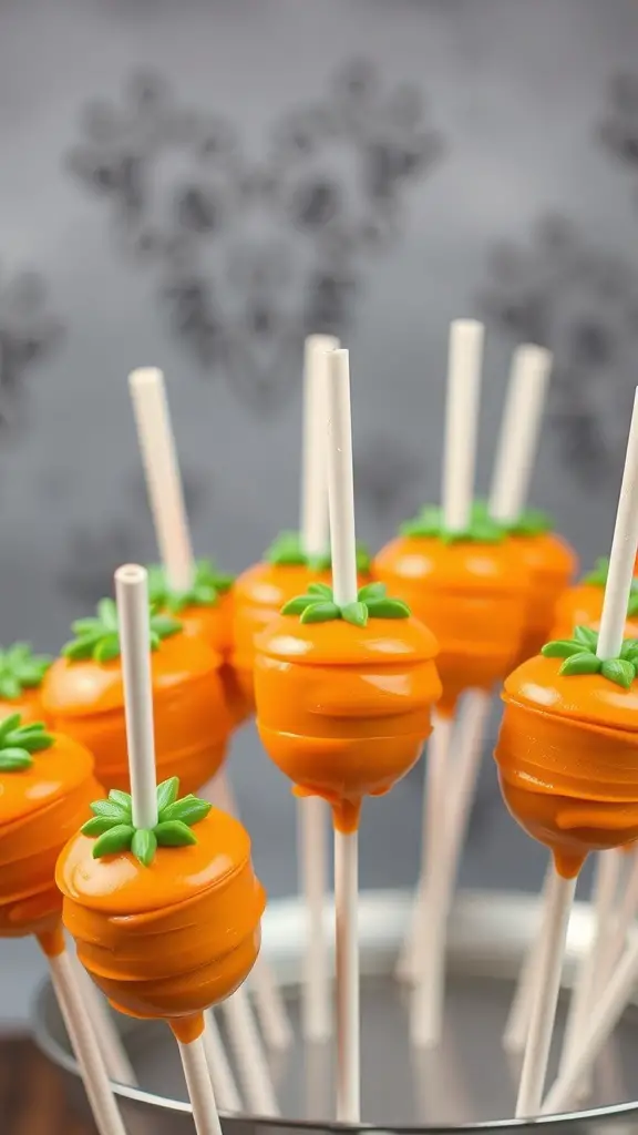 A display of carrot cake pops designed to look like carrots, with bright orange coating and green tops.