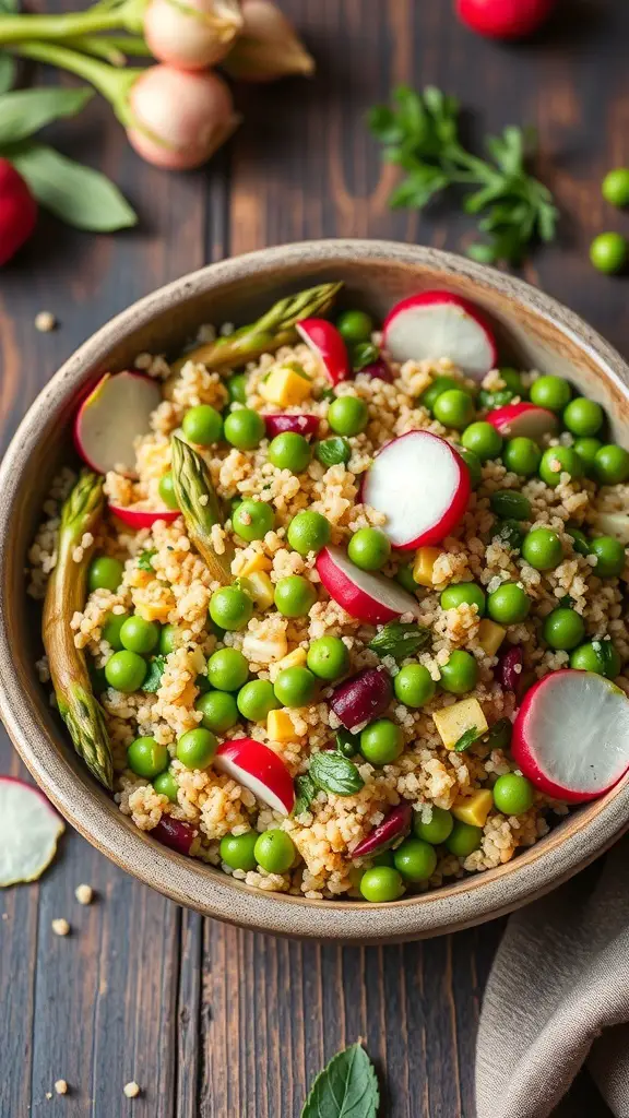 A bowl of colorful Spring Vegetable Quinoa Salad with green peas, radishes, and asparagus