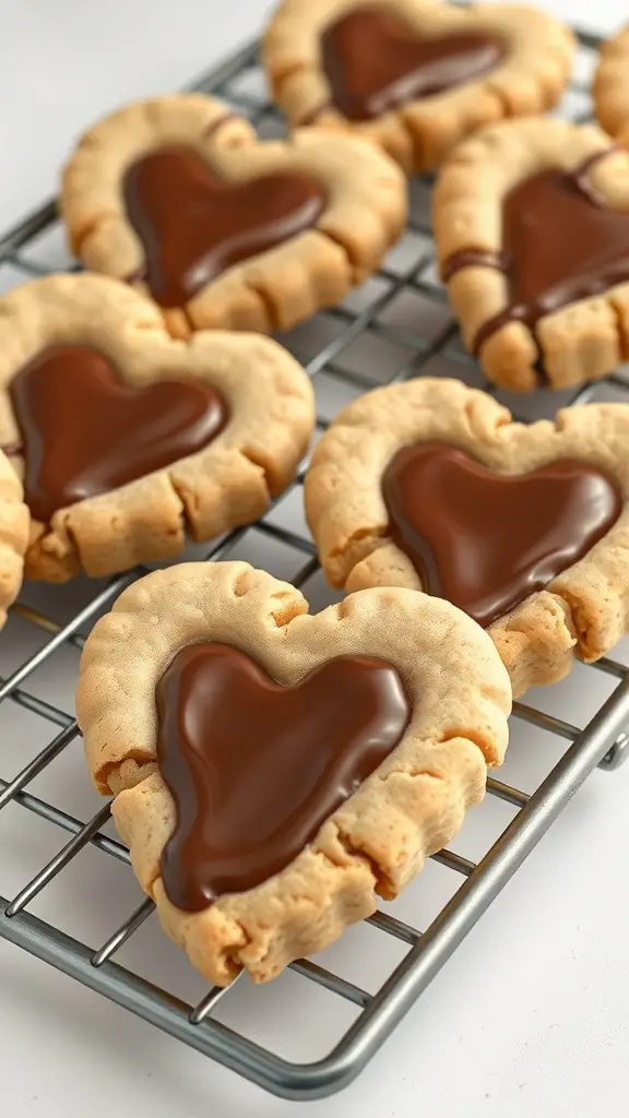 Nutella stuffed heart cookies on a cooling rack
