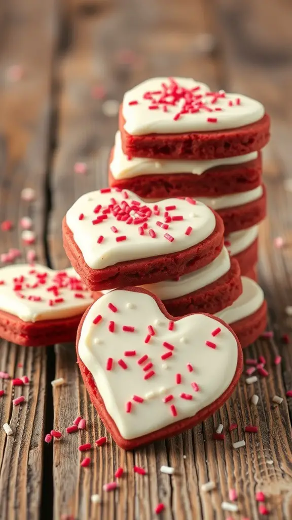 Stack of red velvet heart cookies with white icing and sprinkles on a wooden surface.