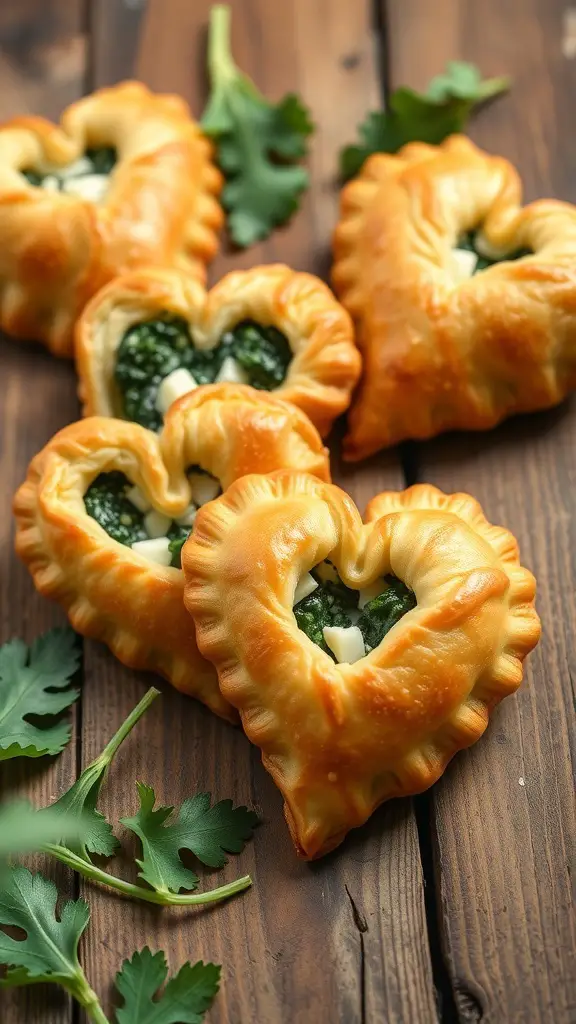 Savory puff pastry hearts filled with spinach and cheese on a wooden table