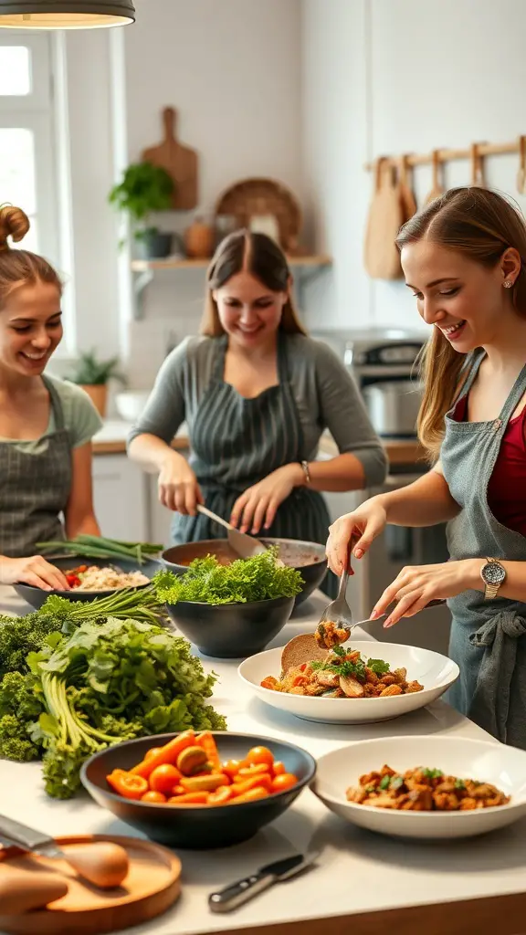 Group of friends enjoying a gourmet cooking class in a bright kitchen, preparing fresh ingredients together.