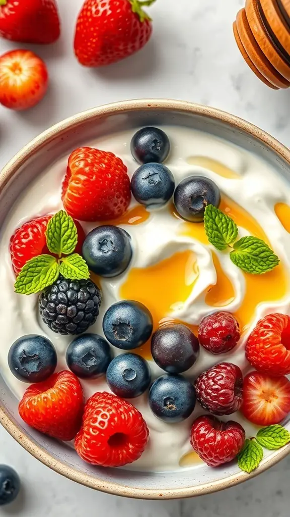 A bowl of Greek yogurt topped with fresh strawberries, blueberries, raspberries, and mint leaves.