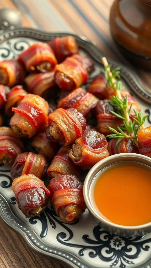 A plate of bacon-wrapped dates with a small bowl of dipping sauce