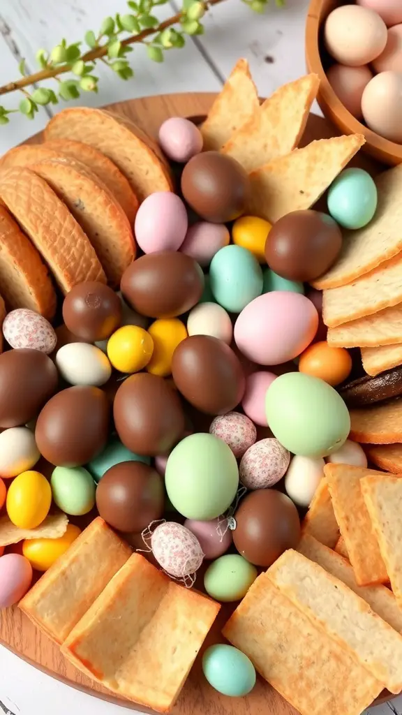 Colorful Easter charcuterie board with chocolate eggs, pastel candies, and crackers.