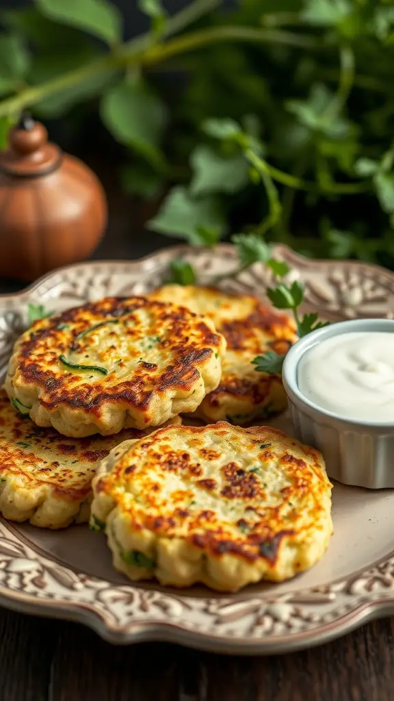 A plate of golden zucchini fritters with a side of yogurt sauce, garnished with fresh herbs.