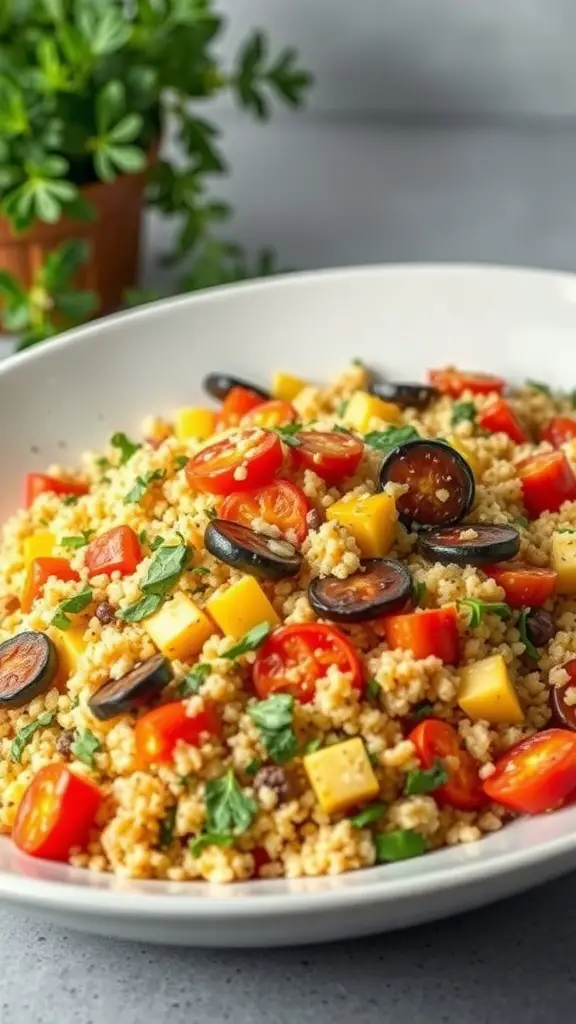 A colorful roasted vegetable couscous salad with tomatoes, cheese, olives, and herbs in a white bowl.
