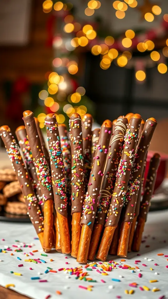 A colorful display of chocolate-dipped pretzel rods with sprinkles, perfect for a kids' birthday party.