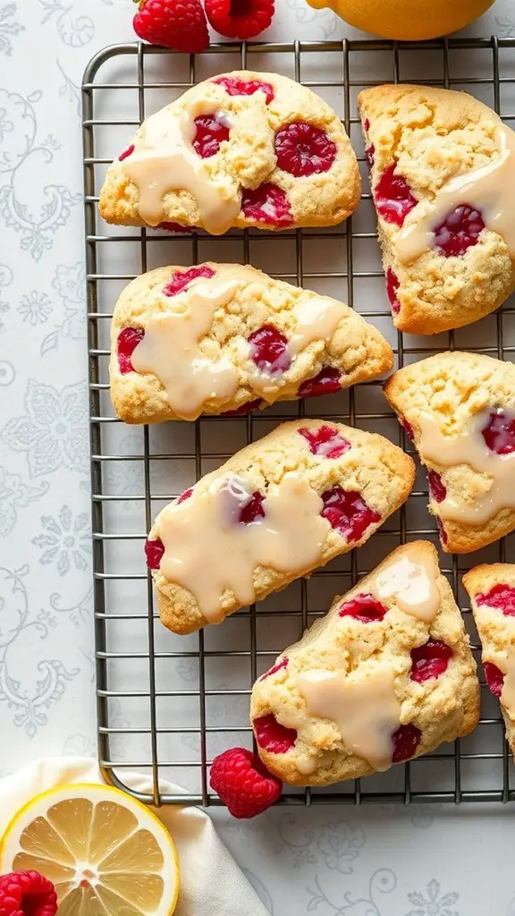 Freshly baked raspberry lemonade scones drizzled with glaze on a cooling rack