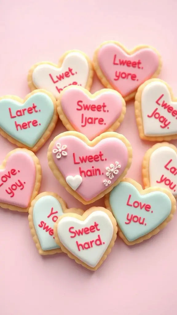 Colorful Valentine's Day conversation heart cookies with sweet messages.