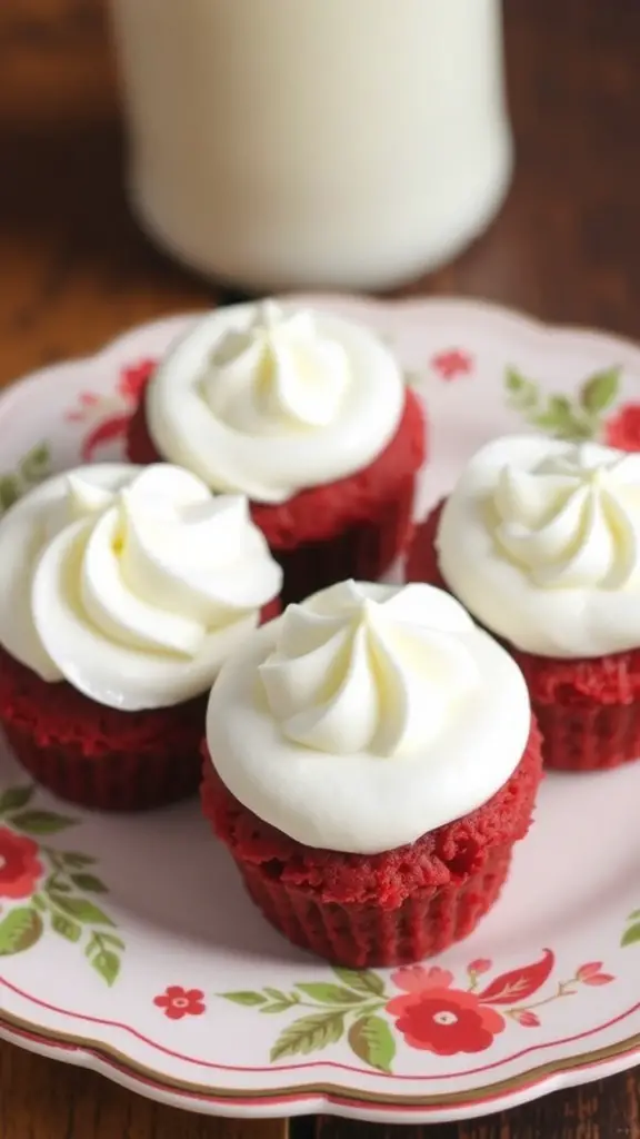 A plate of red velvet cake bites topped with cream cheese frosting