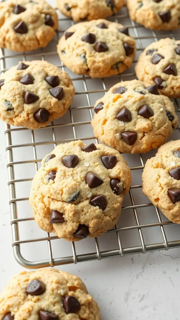 A tray of freshly baked coconut flour chocolate chip cookies on a cooling rack.