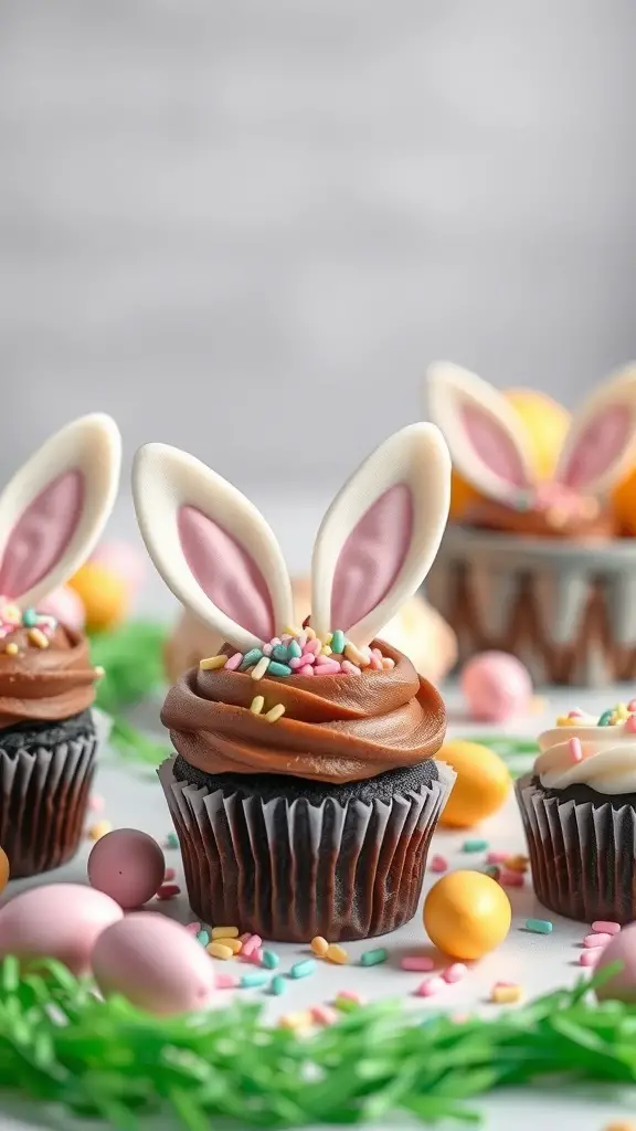 Chocolate Bunny Cupcakes decorated with white chocolate ears, colorful sprinkles, and candy eggs