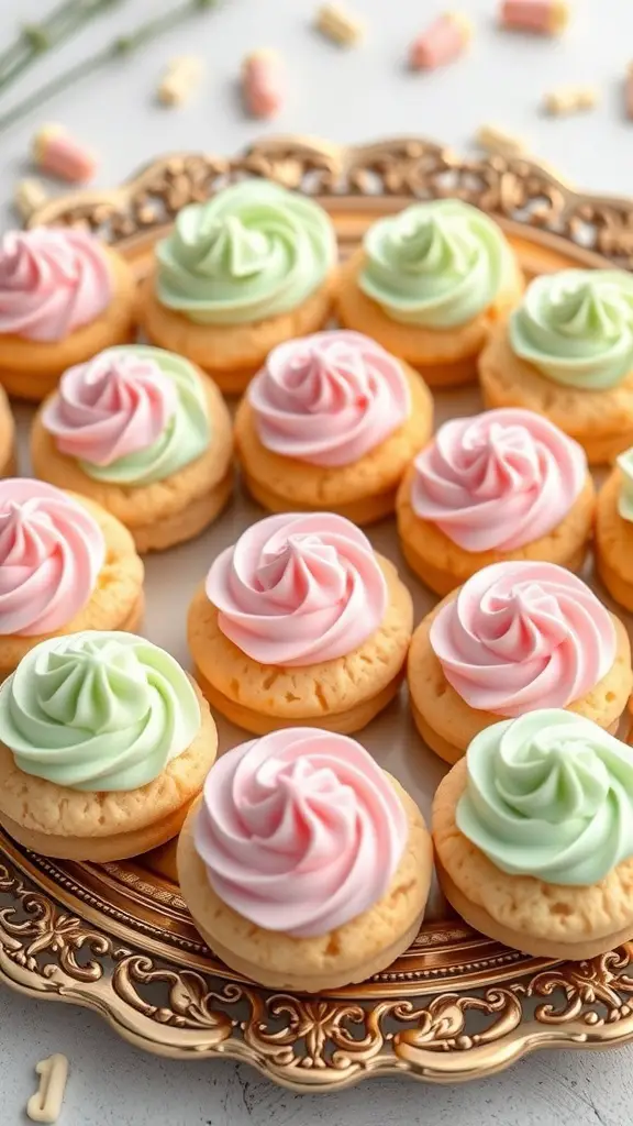 A platter of Mini Egg Cookie Sandwiches with pink and green frosting.