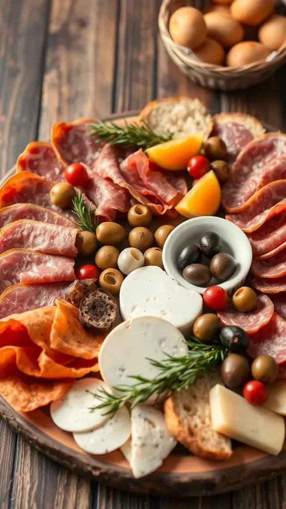 A rustic antipasto platter featuring cured meats, cheeses, olives, and bread.