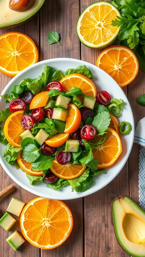 A colorful Citrus Avocado Spring Salad with oranges, avocado, grapes, and greens on a wooden table.