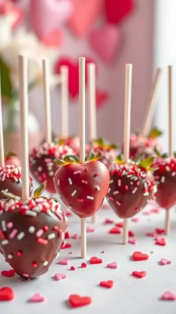 Chocolate-covered strawberry pops with colorful sprinkles on a table