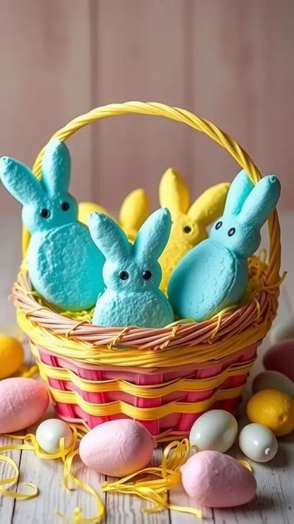A colorful basket filled with blue and yellow marshmallow bunnies and pastel eggs.