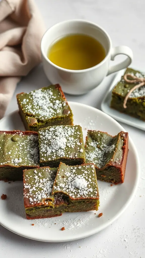 A plate of matcha green tea brownies dusted with powdered sugar, alongside a cup of green tea.