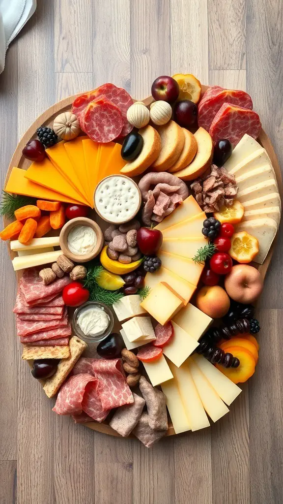 A heart-shaped cheese and charcuterie board featuring various cheeses, meats, fruits, and nuts.